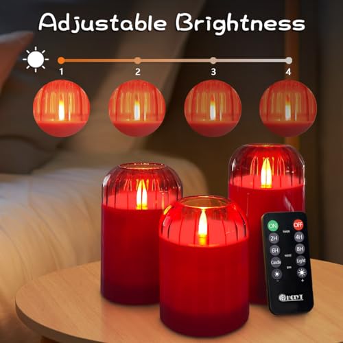 Image of LEDHOLYT Rechargeable Flameless Candle, Flashing LED Pillar Real Wax Candle with Remote Control and Timer, Red Glass Electronic Candles for Room Decoration, 1 Set of 3