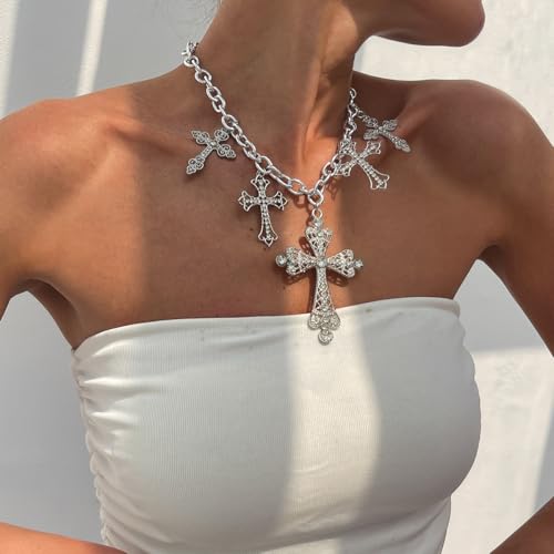 Gold/Silver Multi Cross Statement Necklace for Women Gothic Chunky Chain Choker Rhinestone Crystal Vintage Multiple Cross Charm Necklace Adjustable Trendy Party Religion Jewelry Gift for Women2
