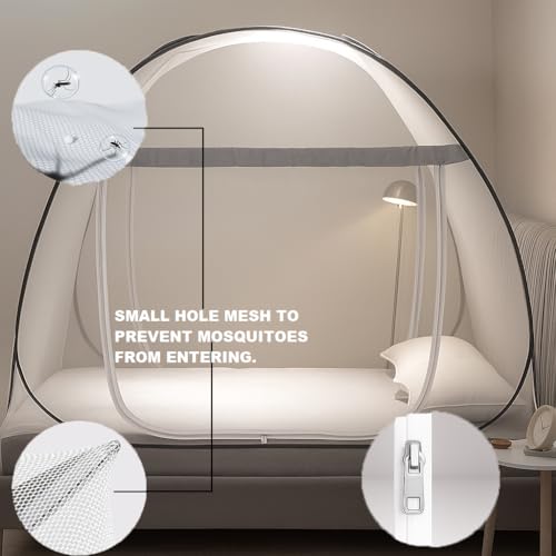 Image of VERDIOZ WITH DEVICE Double Bed Mosquito Net Machardani, King Size Mosquito Net Adult | Kids | Baby | Corrosion Free Steel Wire, 30 GSM Bright White Net with Saviour Kit -(White Zipper, Grey Border)