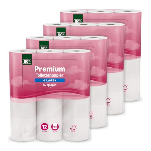 by Amazon Toilettenpapier, 4-lagig Gestepptes, Besonders Weich, 48 Rollen (12 Rollen, 4-er Pack), 160 Blätter pro Rolle, FSC-Zertifiziert
