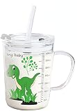 Tasse à lait pour enfants avec paille, verre transparent 400 ml Apprendre à boire une tasse de formateur, une jolie tasse pour boire au micro-ondes avec un couvercle anti-fuite pour tout-petit Enfants