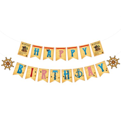 Bannière Happy Birthday Animée, Bannière sur Thème des Pirates Fournitures Décoration Fête Dessin Animé Pirates pour Garçons Filles Anniversaire Baby Shower Fête sur Thème du Dessin Animé