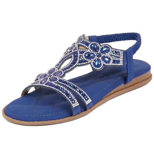 Image of iCKER Womens Rhinestone Strappy Flat Sandals Elastic Ankle Strap Open‑Toe | Sparkling,for wedding,party,evening dates,special occasion,Vacation,Formal