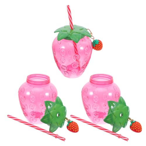 Healifty Strawberry Cups with Lids and Straws for Kids, 3 Sets 17Oz Reusable Plastic Fruit Shaped Drinking Tumblers, Pink Cute Water Bottle Party Favors
