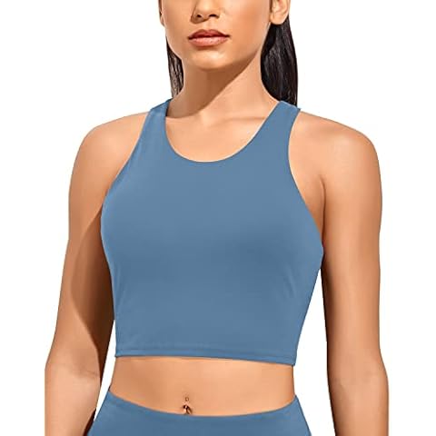 MARINAVIDA Womens Sports Bra High Neck Yoga Workout Bra Longline Tank Top Racerback Crop Top with Built in Bra, Blue 01, L Cover