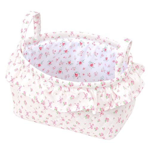 CEUTNIZ Cute Floral Quilted Storage Basket with Ruffle Trim Decorative Fabric Organizer Bin with Handles Coquette Bow Print Nursery Storage