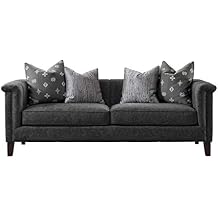 Acanva Luxury Tuxedo Velvet Channel Tufted Key Arm Living Room Sofa, 86W Couch, Grey