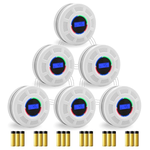 GiiHoo Wireless Interconnected Smoke Carbon Monoxide Detector Battery Powered, Interlinked Combination Smoke and Carbon Monoxide Detector Alarm with Digital Display, Silence Button (White-6)