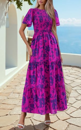 Image of PRETTYGARDEN Women's 2026 Summer Casual Flutter Short Sleeve Boho Floral Maxi Dress Crew Neck Smocked Tiered Long Dresses