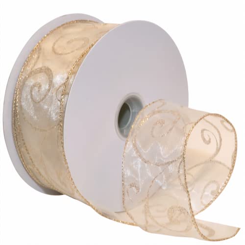 Morex Ribbon 7416.60/50-004 Swirl 2.5" X 50 YD Nylon Sheer Curling Wired Glitter Ribbon, Ivory/Gold, Holiday Ribbons for Crafts and Christmas Decorations, Indoor Christmas Ribbon for Gift Wrapping