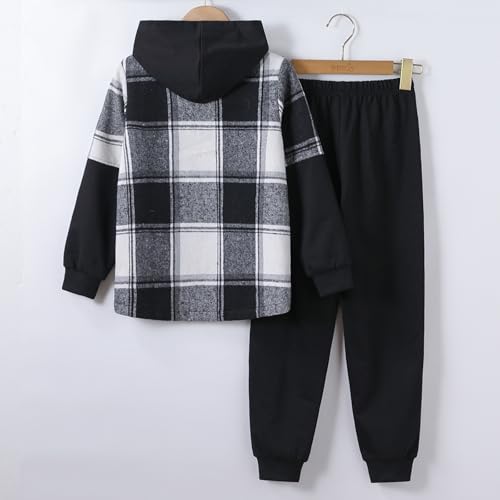 Image of 2Pcs Boys Clothes Sweatsuit Set Hoodie Flannel Plaid Shirt and Jogger Pants for Kids Fall Winter Spring Outfits