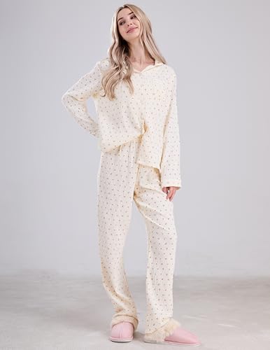 Image of codcm Womens Cotton Gauze Pajama Set Long Sleeve Button Up Shirt and Pants 2 Piece Cute Printed Pj Set