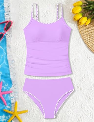 Image of Girls Swimsuit Solid Color Tankini Contrast Trim Swimwear 2 Piece Bathing Suit Padded Swimsuits for Teens 9-16Y