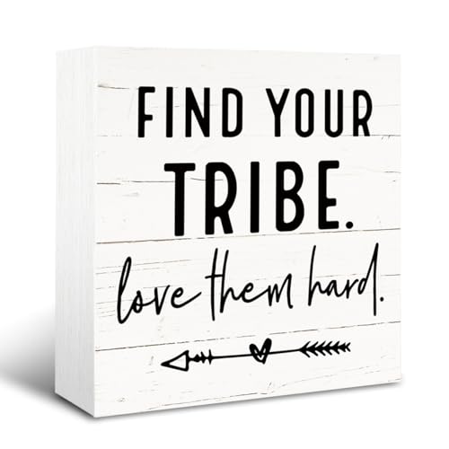 Rustic Wood Signs, Modern Farmhouse Home Decor, Family Room Decor, Shelf Decoration, Wooden Box Sign Decorative, Friendship Gift for Best Friends, Find Your Tribe Love Them Hard Sign, 5×5×1.2inches