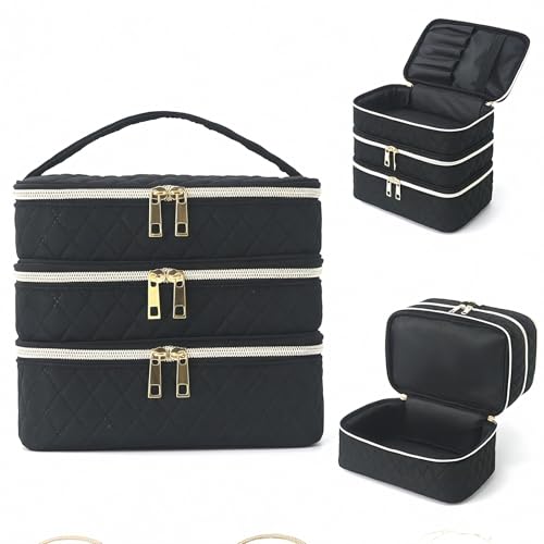 Eulihent Nail Varnish Storage 3 Layer Makeup Bag Organiser Makeup Bag with Compartments Black Vanity Bag for Lipstick Manicure Tools Storage