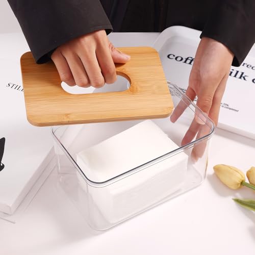 Acrylic Tissue Box Cover, Bamboo Dryer Sheet Holder, Wooden Rectangular Dryer Sheet Dispenser for Storage on Bathroom Vanity, Countertop, Bedroom Dresser - Thumbnail 5