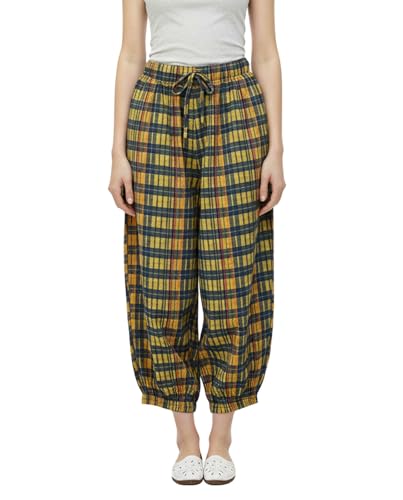 Women Gingham Capri Pants Wide Leg Plaid Palazzo Long Bloomers Fall Casual Checkered Cotton Culottes