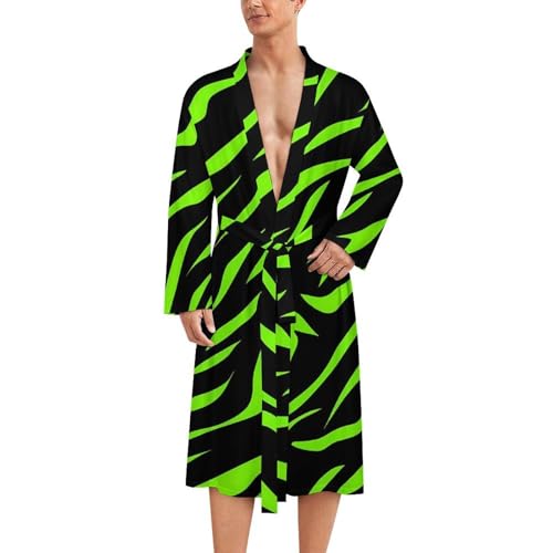Neon Green Zebra Skin Comfort Robes for Men With Belt Long Sleeve Nightgown Spa Bathrobe Loungewear