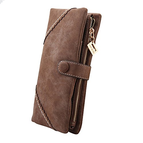 Cozyswan Mode ladiesu0092 leather purse/moneybag with a button, long, womenu0092s handbag Coffee brown