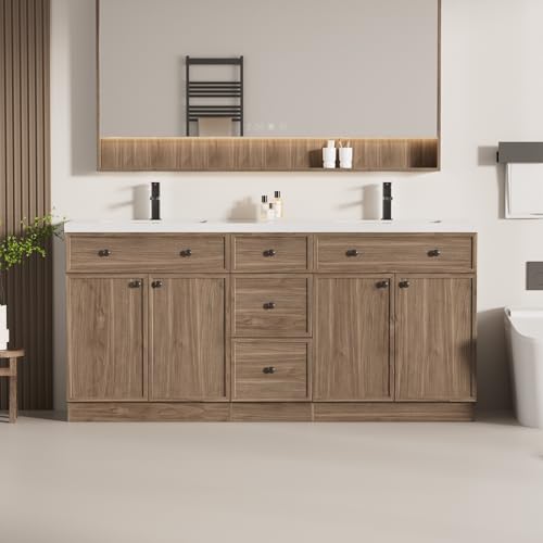 LUCKWIND 72' Bathroom Vanity Sink Combo, Modern Bathroom Cabinet with Double Undermount Solid Surface Vanity Sink, Soft-Close Hinges & Water-Saving Faucet, Taupe