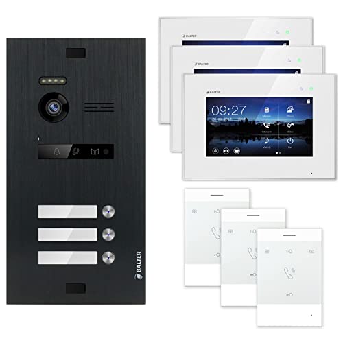 Nonic Balter EVO Black Video-Türsprechanlage 3 Familienhaus (1x Türstation mit Kamera, 3X 7 Zoll LCD-Monitor, 3X Talk, 2-Draht Bus, 150° Weitwinkel-Kamera, Türöffner- und Interkom-Funktion)