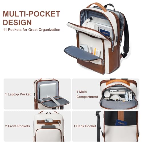 Shrrie Leather Laptop Backpack for Women and Men,28 L Travel Backpack Computer Bag Fits 16 inch Laptop,Expandable Casual Daypack with USB Port for Work Business Weekender College,Beige with Brown by Shrrie - Used condition - Image 4