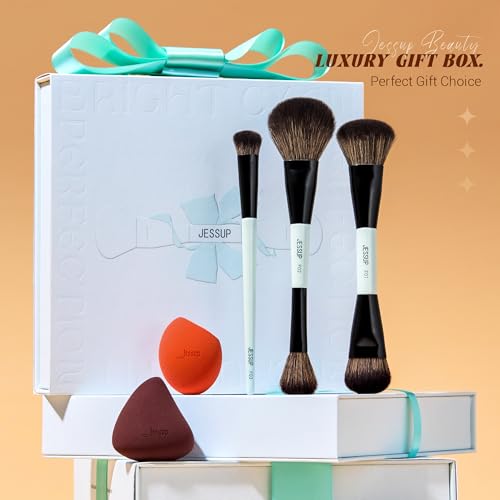 Image of Jessup Face Makeup Brushes with Makeup Sponge, 3pcs Double Ended Makeup Brush for Foundation Contour Blush Highlight and Concealer Brush, Premium Synthetic Brush Set with Gift Box, T510
