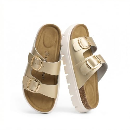 DREAM PAIRS Women's Platform Sandals Wedge Chunky Heel Slip-on Comfort Slides with Arch Support Cork Footbed Adjustable Buckle Summer Slide Sandals,Size 9,Gold,SDSS26007W