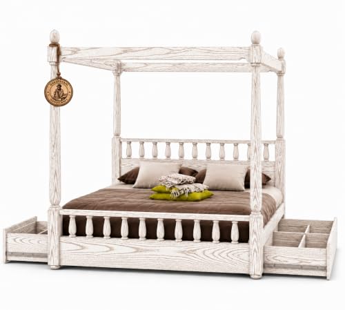 Image of Sheesham Solid Wood Allure Poster Bed for Bedroom | Handmade Wooden Cot | Elegant Four Poster King Size Bed Frame (Rustic White, King, Allure with Storage)
