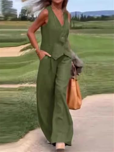 Women Fashion Solid Color V-Neck Button Sleeveless Vest Tops Wide Leg Pants 2-Piece Set2