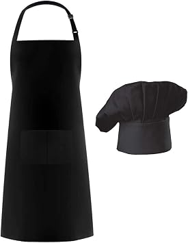 Hyzrz Chef Apron and Hat Set, Adjustable Adult Kitchen Apron With Butcher Hat, Baker Costume Apron with Pocket for Men and Women Fathers Gift Black