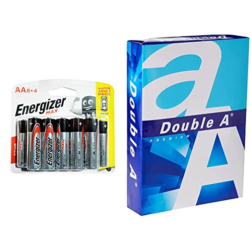 Energizer E91BP12 Max 1.5V Alkaline AA Batteries, 12 Pieces - Black & Double A - Printer Copy Paper, Size A4, GSM 80, 500 Pages Ream