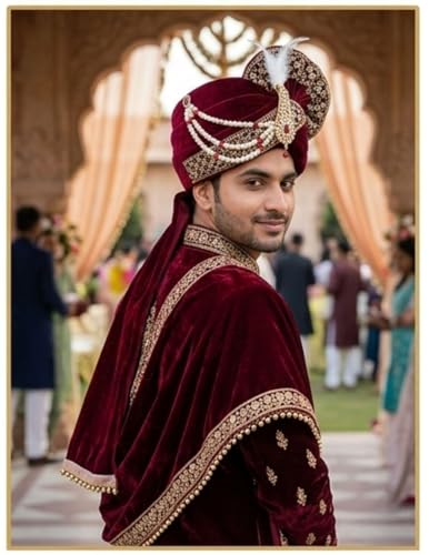 Image of BookMyCostume Dulha & Royal Wedding Turban Collection - Premium Silk, Velvet, Zari Work Safa with Kalgi & Brooch - Traditional Indian Dulha Pagdi /Sehra Perfect for Weddings & Role Plays for Men & Kids