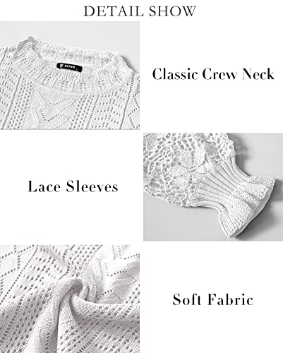 Btfbm Long Sleeve Hollow Out Sweater Casual Cute Crochet Lace Pointelle Knit Pullover Crew Neck Loose Blouses For Women (Lace White, Medium) #TOP5