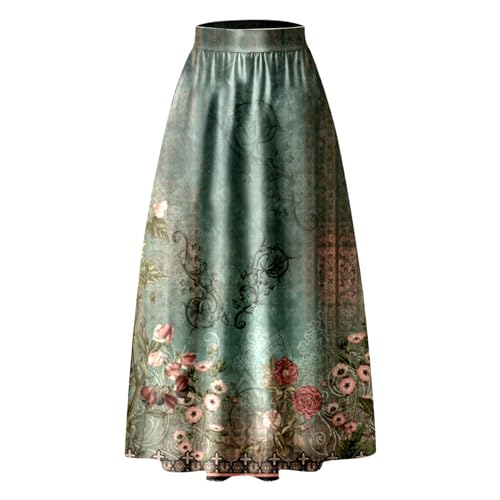 Maxi- Röcke für Damen, Boho, lange Röcke für Großbritannien, elastische Taille, Sommer, Blumendruck, Midirock mit Taschen, Boho- Maxikrock, bodenlanger Rock, Sommerkleidung, grün, S
