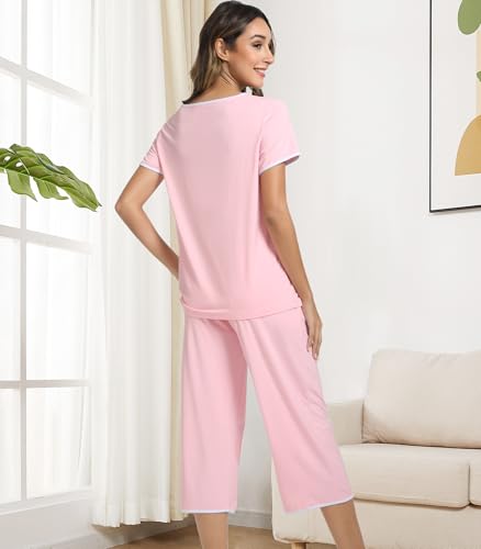 Image of NACHILA Women's Pajamas Set-Viscose Made from Bamboo,Short Sleeve Sleepwear Soft Pjs with Capri Pants Loose Loungewear