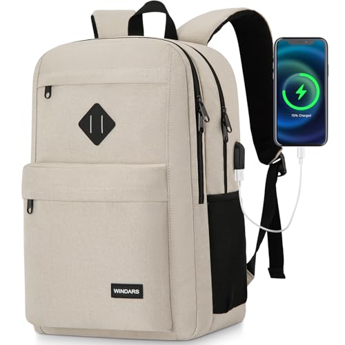 Backpack for Men and Women, School Backpacks for Teens Boys, 15.6 Inch Laptop Bookbag Classic Computer Bag with 2 Compartment & USB Charger Port for College Work Travel Business (Beige) - Main Image