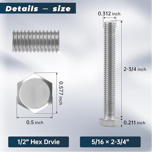 Image of 8 Sets Glvaner 5 /16-18 x 2-3 /4 inch Stainless Steel Hex Head Screws Bolts, Nuts, Flat & Lock Washers, 18-8 (304) Stainless Steel, Full Thread, Coarse Thread