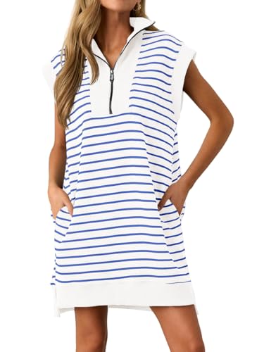 Image of Wenrine Womens Striped Mini Dress Casual Zipper Cap Sleeve Collared V Neck Loose Knit Summer Dresses