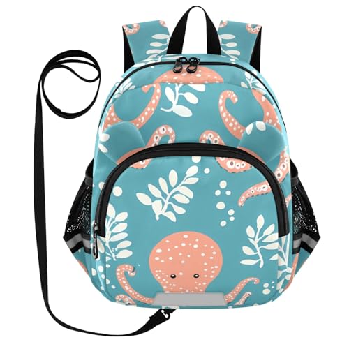 Kid's Backpack for Boys & Girls Toddler Bag Octopus Leaves Pattern Backpack with Safety Leash