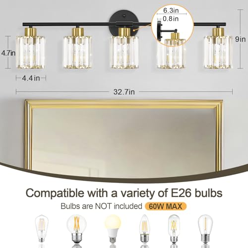 Image of Modern Black Gold Crystal Bathroom Light Fixtures,5-Light
