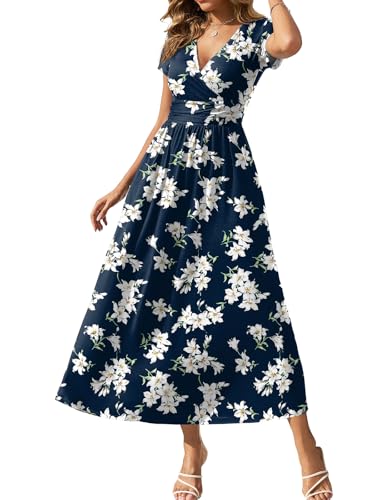 Gracyoga Sundresses for Women 2025 Fall Blue Casual Midi Flowy Wrap V Neck Dress Short Sleeve Blue Lily Print Dresses Summer Vacation Outfits XL