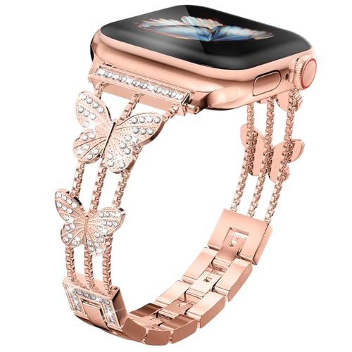 #Commissioniguadagnate<br>Cinturino Metallo per Apple Watch 49mm /45mm /44mm /42mm /46mm(Serie 11/10) Donna Ricambio con Strass Glitterati Farfalla per Apple Watch Ultra/SE/Serie 11 10 9 8 7 6 5 4 3 2 1 Oro Rosa