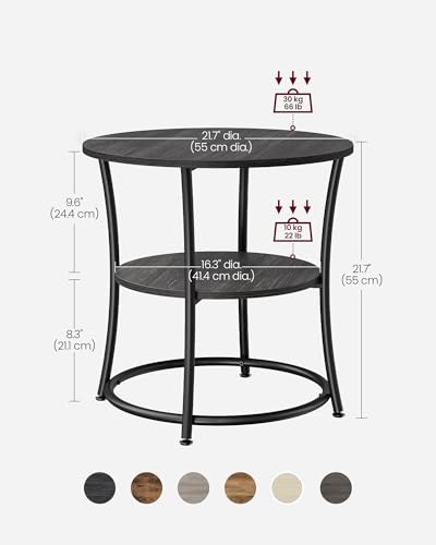 Image of 2-Tier End Table, Nightstand with Steel Frame, Spacious Top for Small Spaces, Living Room, Bedroom, 21.7 inch Diameter, Charcoal Gray