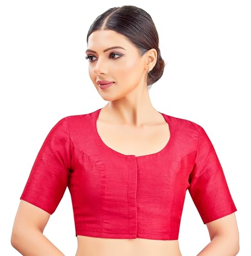 Image of Studio Shringaar Womens Basic Polyester Short Sleeves Textured Plain Coloured Art Silk Saree Blouse