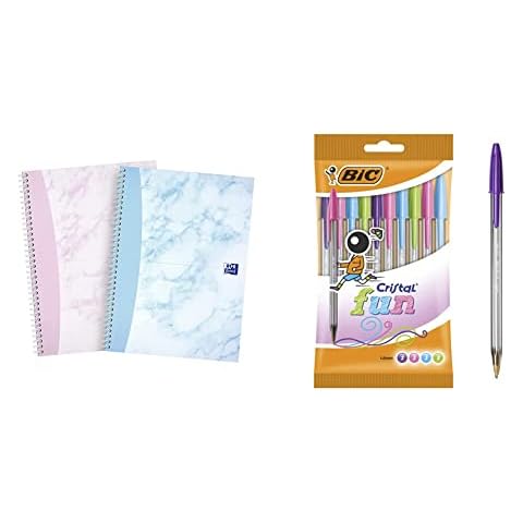 Oxford My Notes, A4 Notebook Hardcover, Wirebound, Lined, Pack of 2, Marble & BIC Cristal Fun Ballpoint Pens with 5 Assorted Ink Colours, Wide Point (1.6 mm), Pack of 10 Cover
