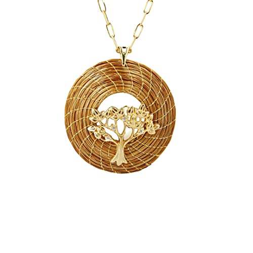 VERA NAVARRO - Collier avec Pendentif Mandala Ouvert Arbre de Vie en Or Végétal Ø 45 mm - Chaîne Plaqué Or 42 cm - Fait Main 100% Naturel