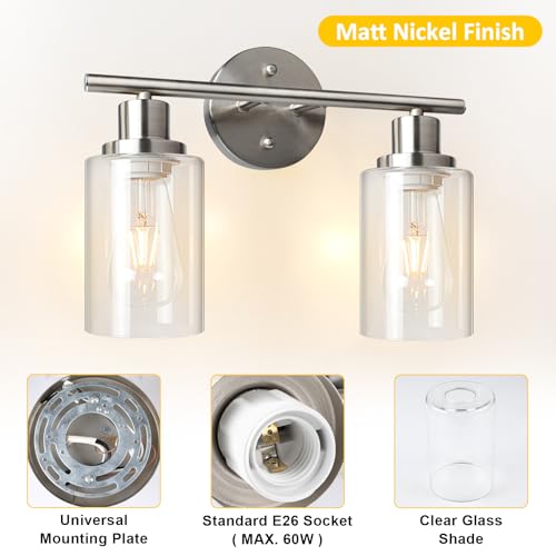 Unicozin 2 Light Vanity Lights, Brushed Nickel Wall Sconce Light with Clear Glass, Bathroom Light Fixtures, Wall Lights for Mirror, Living Room, Bedroom, Hallway, E26 Base (Bulbs Not Included) by Unicozin - Image 4