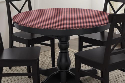 Image of The Furnishing Tree Round Elastic Fitted Dining Table Cover WxL 40x40 Inches Checkered Pattern Beige