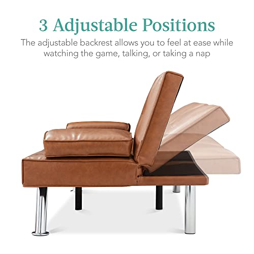 Best Choice Products Faux Leather Upholstered Modern Convertible Folding Futon Sofa Bed For Compact Living Space, Apartment, Dorm, Bonus Room W/Removable Armrests, Metal Legs, 2 Cupholders - Tan #TOP1